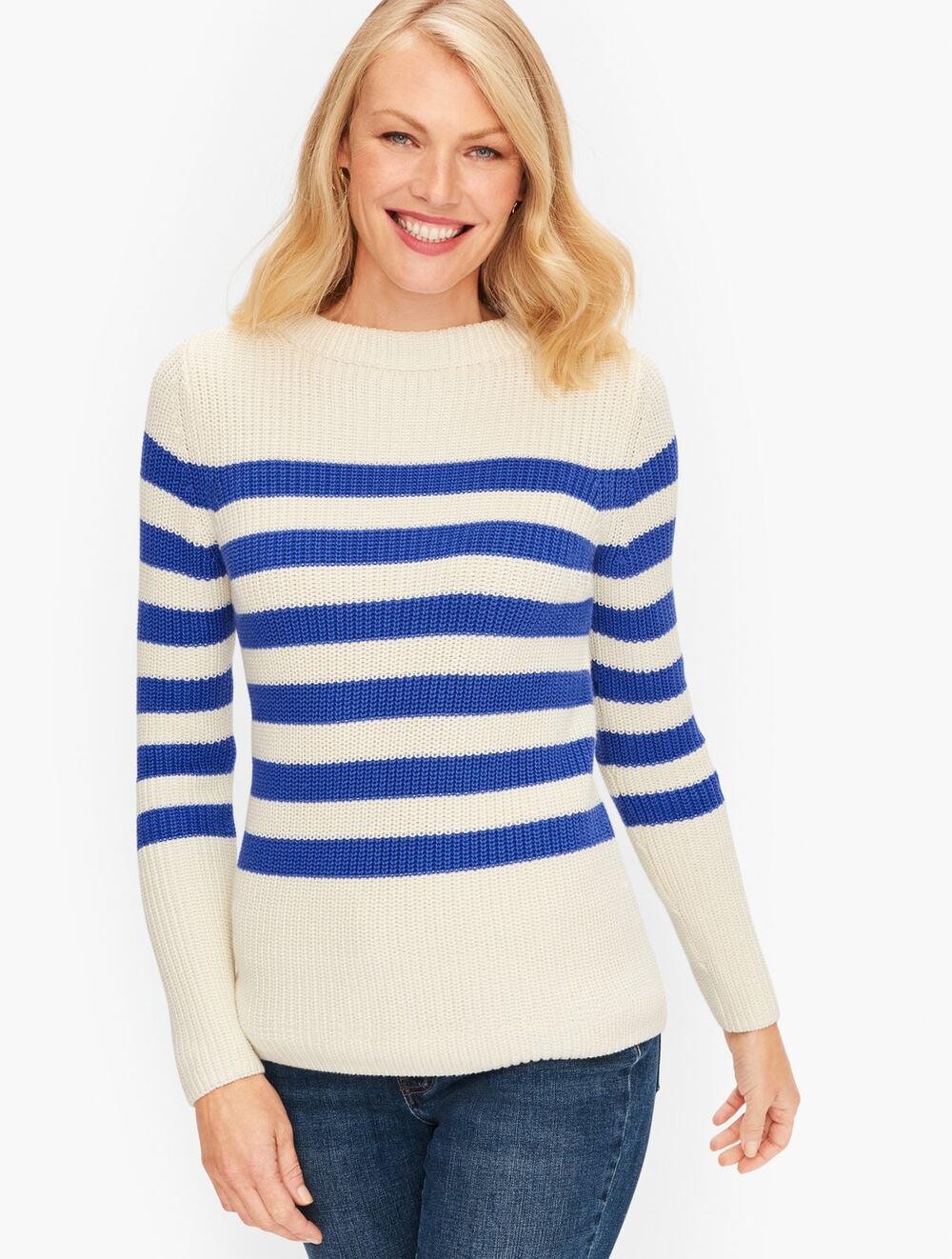Talbots Blue & Creamy White Striped Mock-Neck Shaker Stitch Sweater Women Small